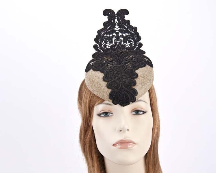 Cupids Millinery Women's Hat Black/Nude Beige pillbox fascinator with black lace F585BE