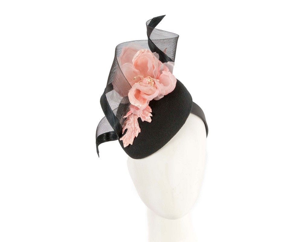 Cupids Millinery Women's Hat Black/Pink Black winter pillbox fascinator with pink flower