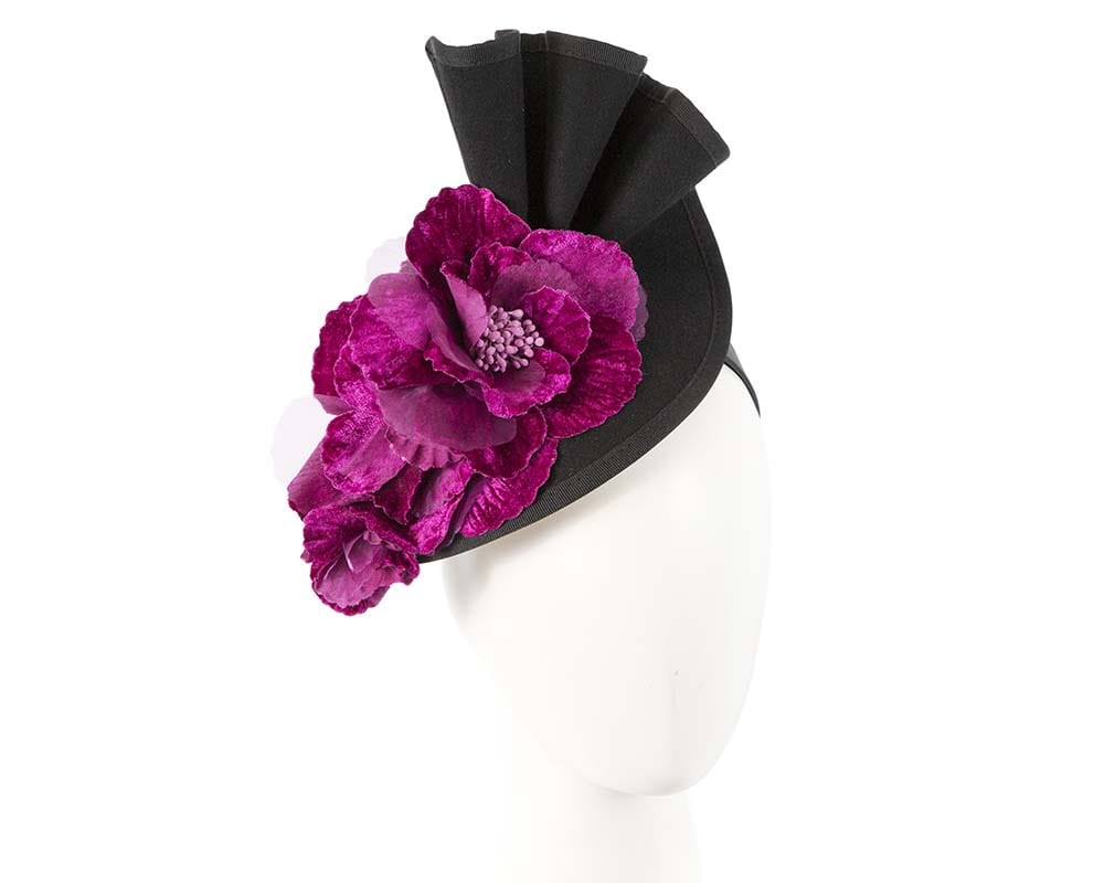 Cupids Millinery Women's Hat Black/Purple Large black felt purple flower winter racing fascinator
