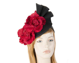 Cupids Millinery Women's Hat Black/Red Large black felt red flower fascinator F591BR