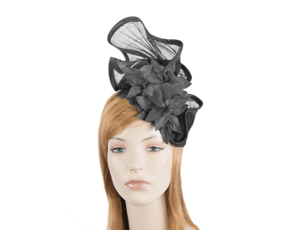 Cupids Millinery Women's Hat Black Sculptured black fascinator with leather flowers