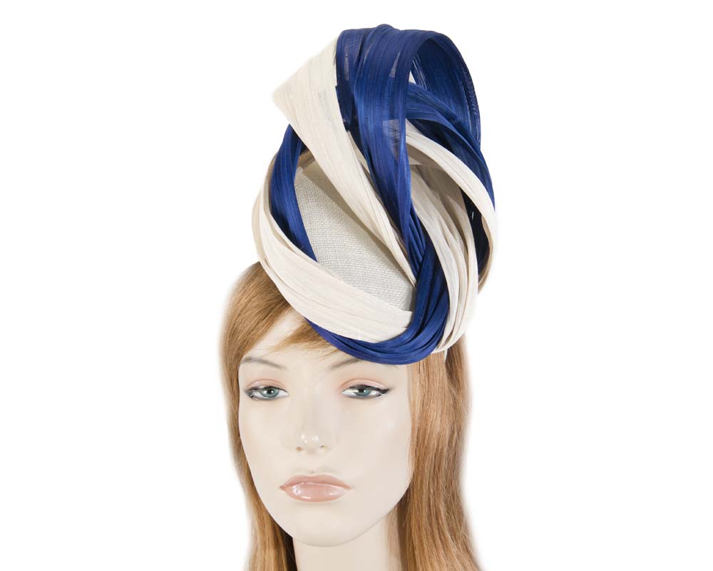 Cupids Millinery Women's Hat Blue & Cream silk abaca pillbox