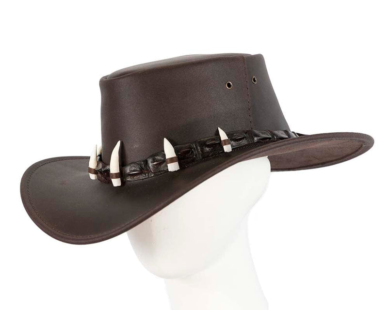 Cupids Millinery Women's Hat Brown Australian Leather Outback Jacaru Hat with Crосоdile Teeth