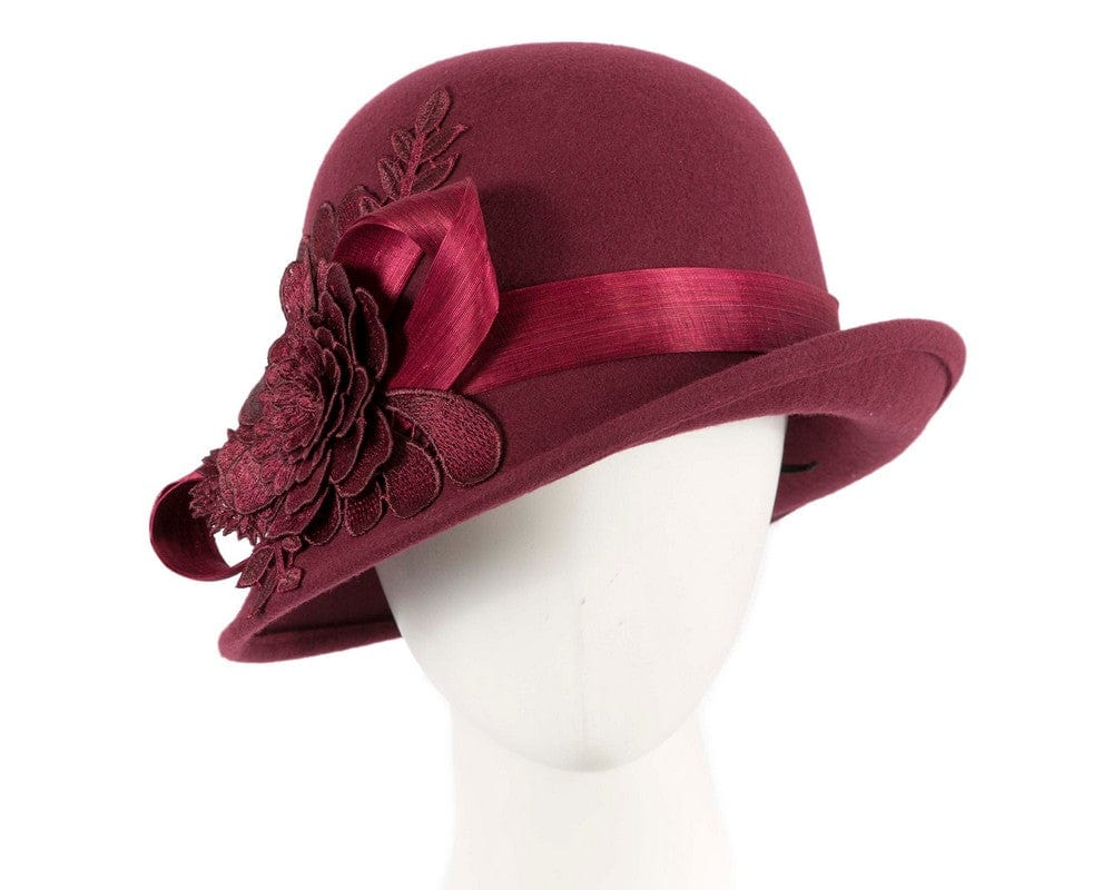 Cupids Millinery Women's Hat Burgundy Burgundy wine felt cloche hat with lace by Fillies Collection