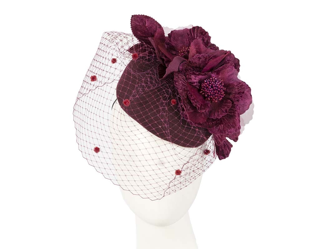 Cupids Millinery Women's Hat Burgundy Burgundy winter racing felt pillbox with flower and veiling by Fillies Collection