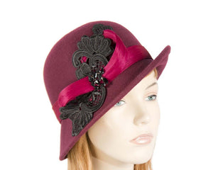 Cupids Millinery Women's Hat Burgundy Wine cloche hat with lace trim