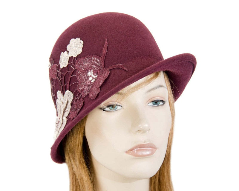 Cupids Millinery Women's Hat Burgundy Wine winter bucket hat with lace