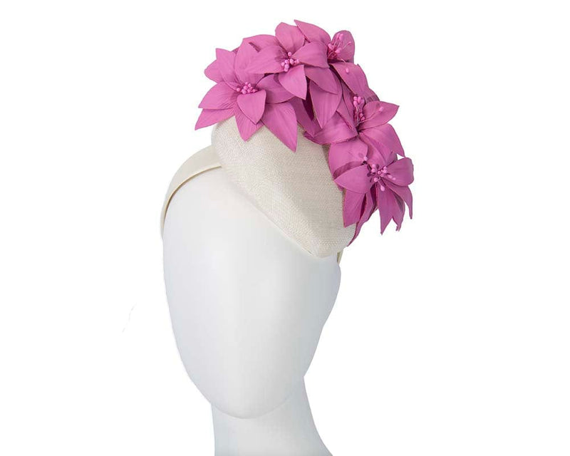 Cupids Millinery Women's Hat Cream & fuchsia pillbox with leather flowers by Fillies Collection