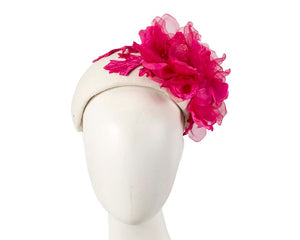 Cupids Millinery Women's Hat Cream/Fuchsia Wide cream headband with fuchsia silk flower