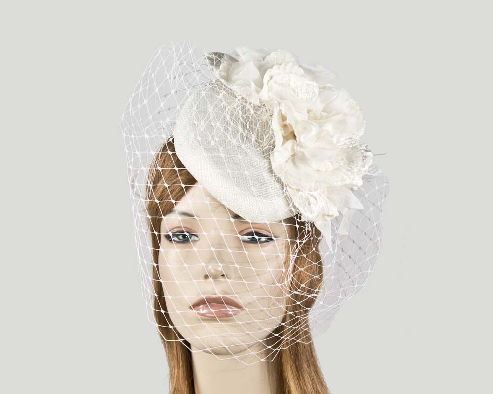 Cupids Millinery Women's Hat Cream pillbox with flower & veil by Fillies Collection