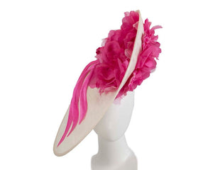 Cupids Millinery Women's Hat Fuchsia/Cream Large cream & fuchsia plate racing fascinator by Fillies Collection