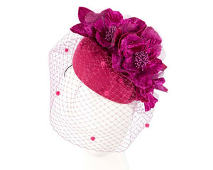 Cupids Millinery Women's Hat Fuchsia Fuchsia winter racing felt pillbox with flower and veiling by Fillies Collection