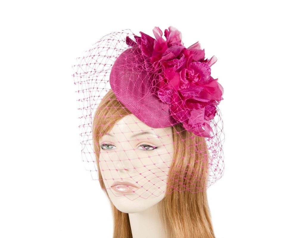 Cupids Millinery Women's Hat Fuchsia pillbox with flower & veil by Fillies Collection