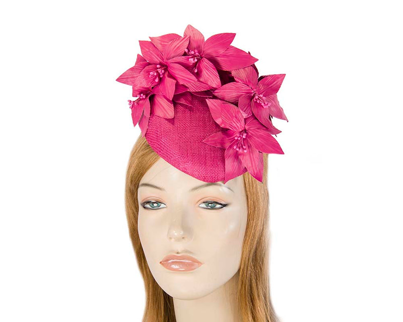 Cupids Millinery Women's Hat Fuchsia pillbox with leather flowers by Fillies Collection