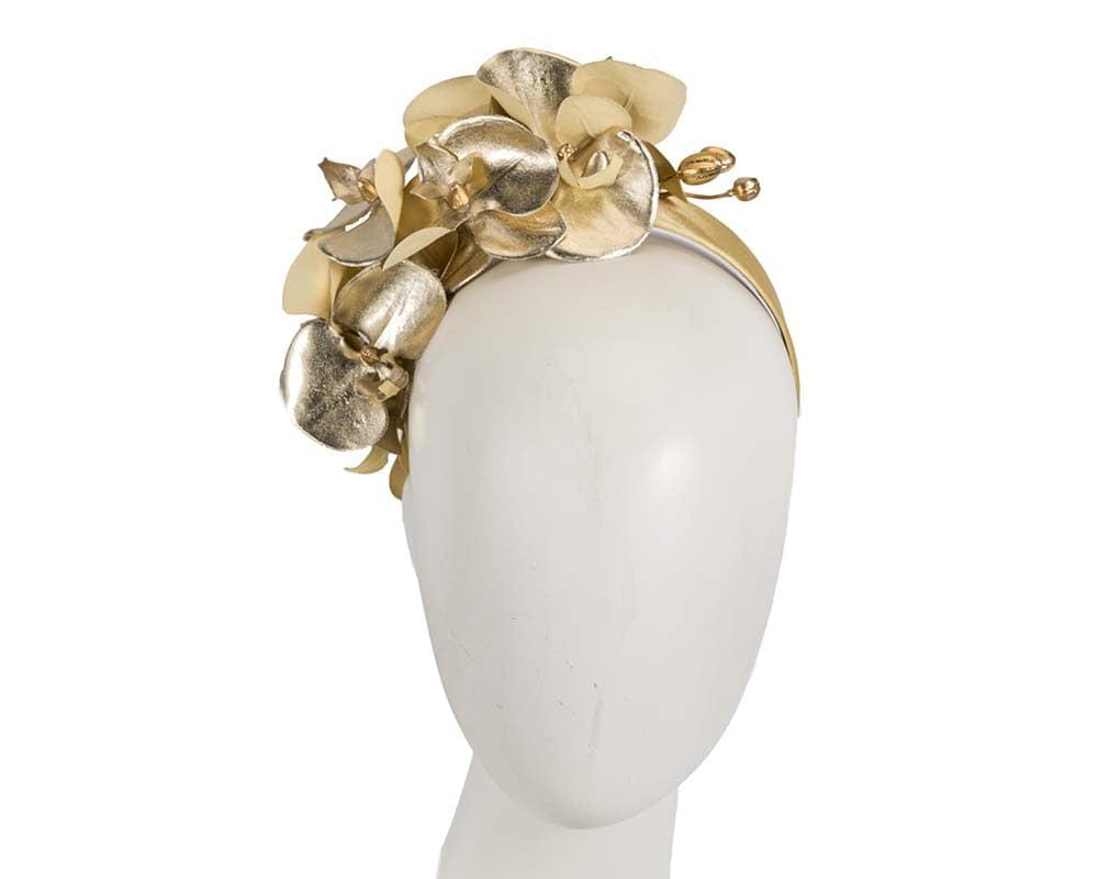 Cupids Millinery Women's Hat Gold Bespoke leather gold orchid flower headband