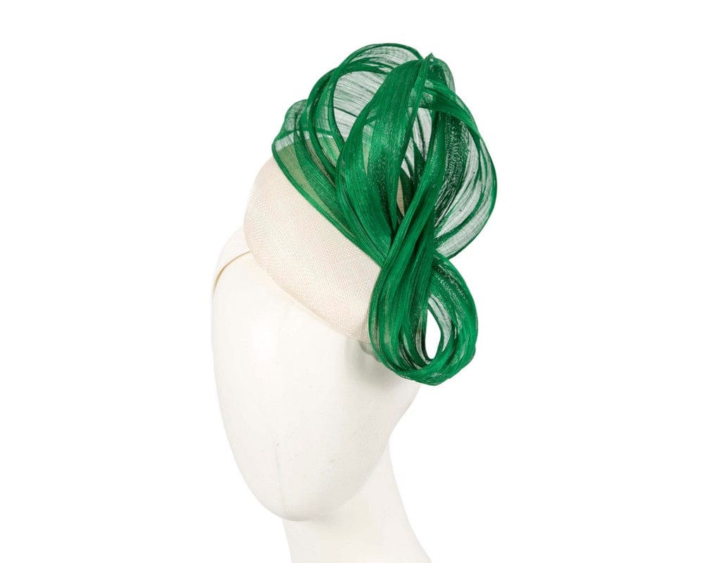 Cupids Millinery Women's Hat Green/Cream White pillbox fascinator with green silk abaca bow by Fillies Collection