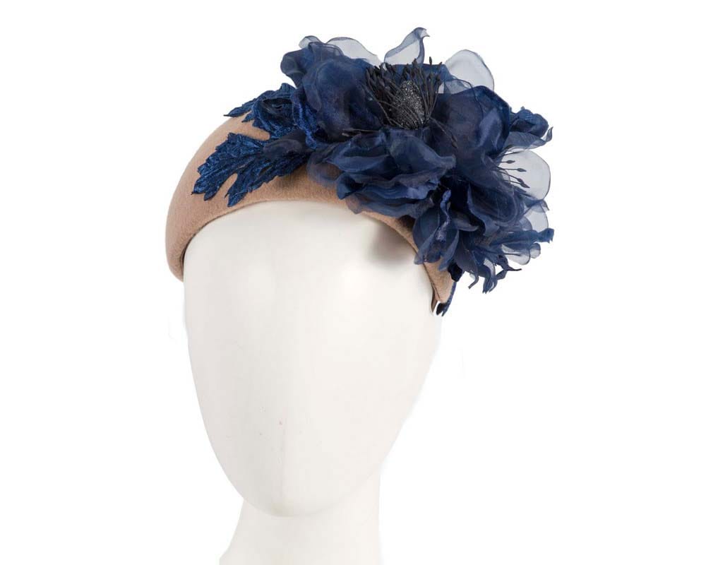 Cupids Millinery Women's Hat Navy/Beige Wide beige headband with navy silk flower