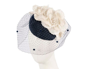 Cupids Millinery Women's Hat Navy/Black Navy cream felt pillbox with flower and veiling for winter racing