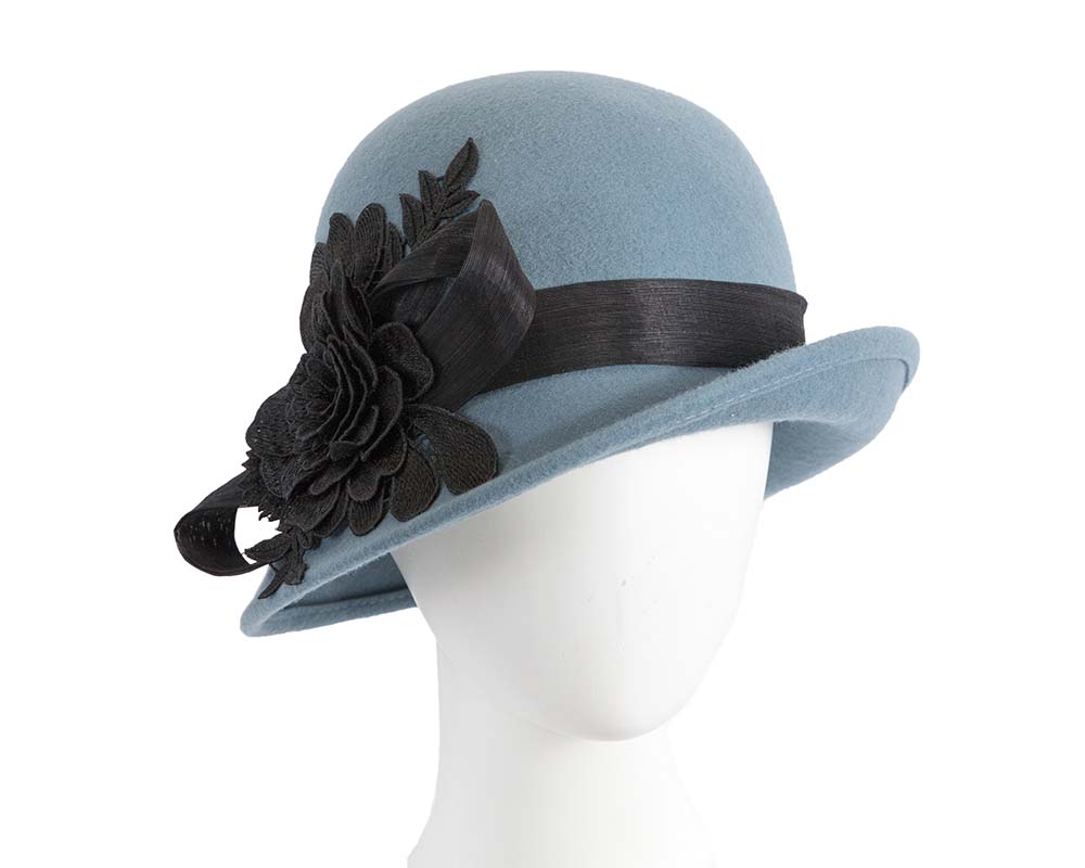 Cupids Millinery Women's Hat Navy Blue felt cloche hat with lace by Fillies Collection