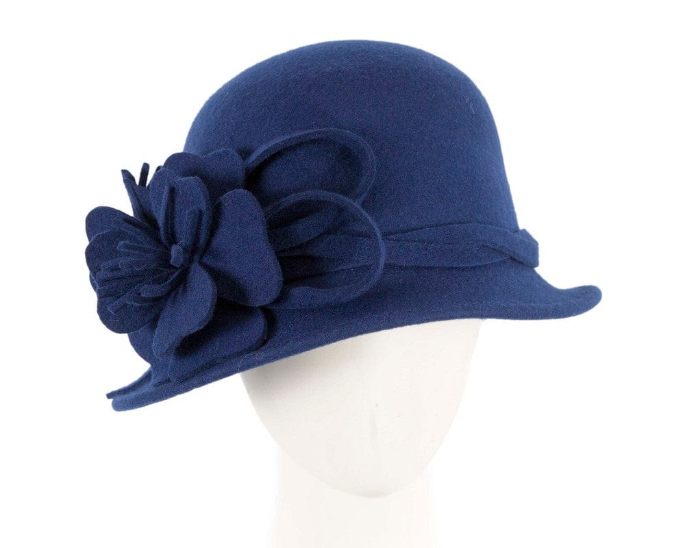 Cupids Millinery Women's Hat Navy Blue felt winter hat with flower by Max Alexander