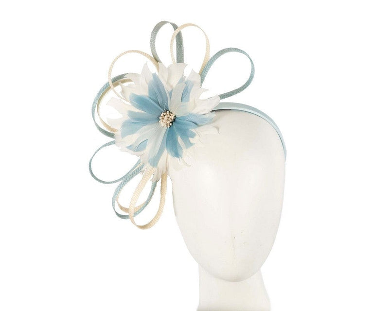 Cupids Millinery Women's Hat Navy/Cream Large blue & cream feather flower fascinator by Max Alexander