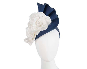 Cupids Millinery Women's Hat Navy/Cream Large navy felt winter fascinator with cream flower by Fillies Collection