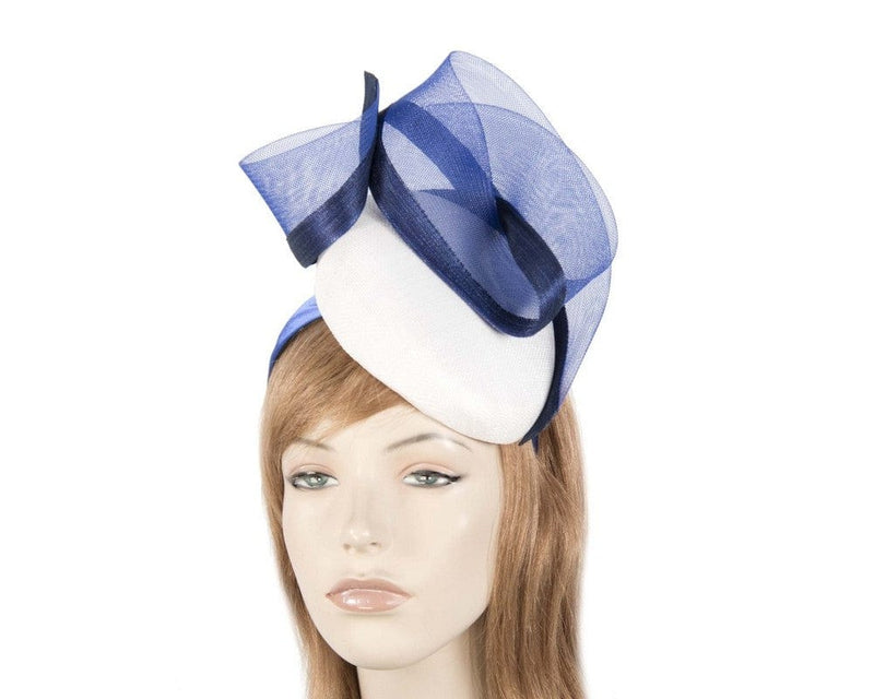 Cupids Millinery Women's Hat Navy/Cream Tall white & blue pillbox fascinator