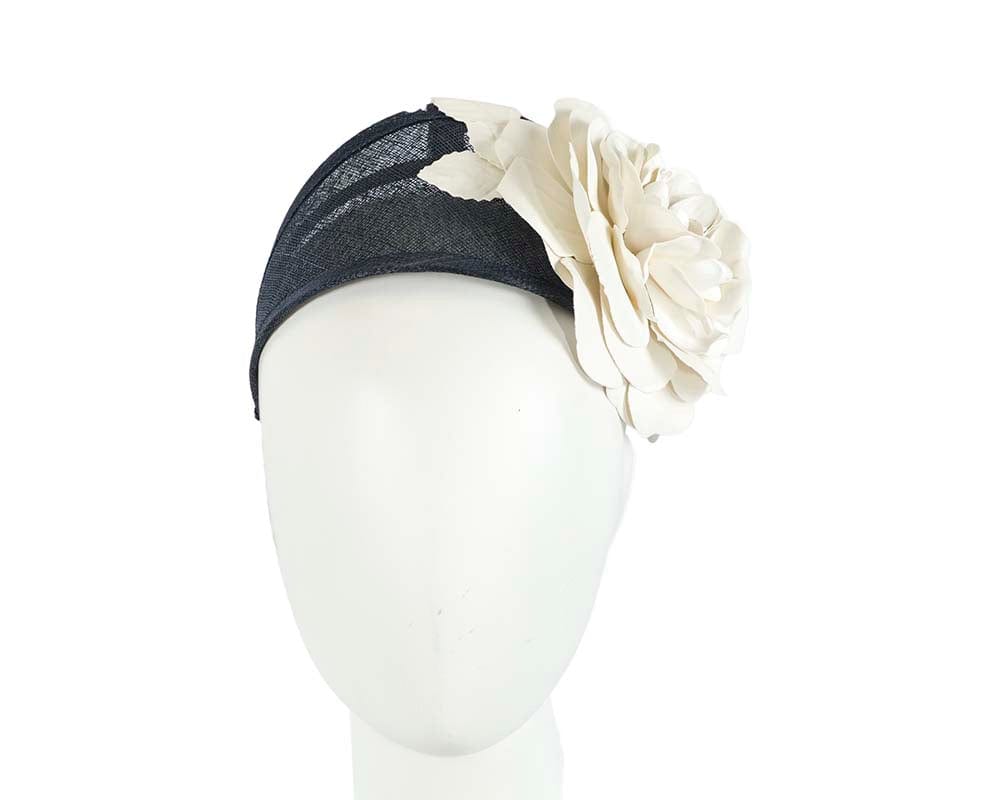 Cupids Millinery Women's Hat Navy/Cream Wide navy and cream leather rose headband fascinator by Max Alexander