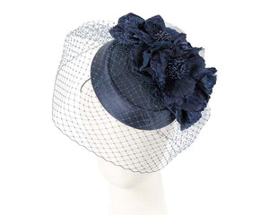 Cupids Millinery Women's Hat Navy Custom made navy pillbox hat with flowers & face veiling