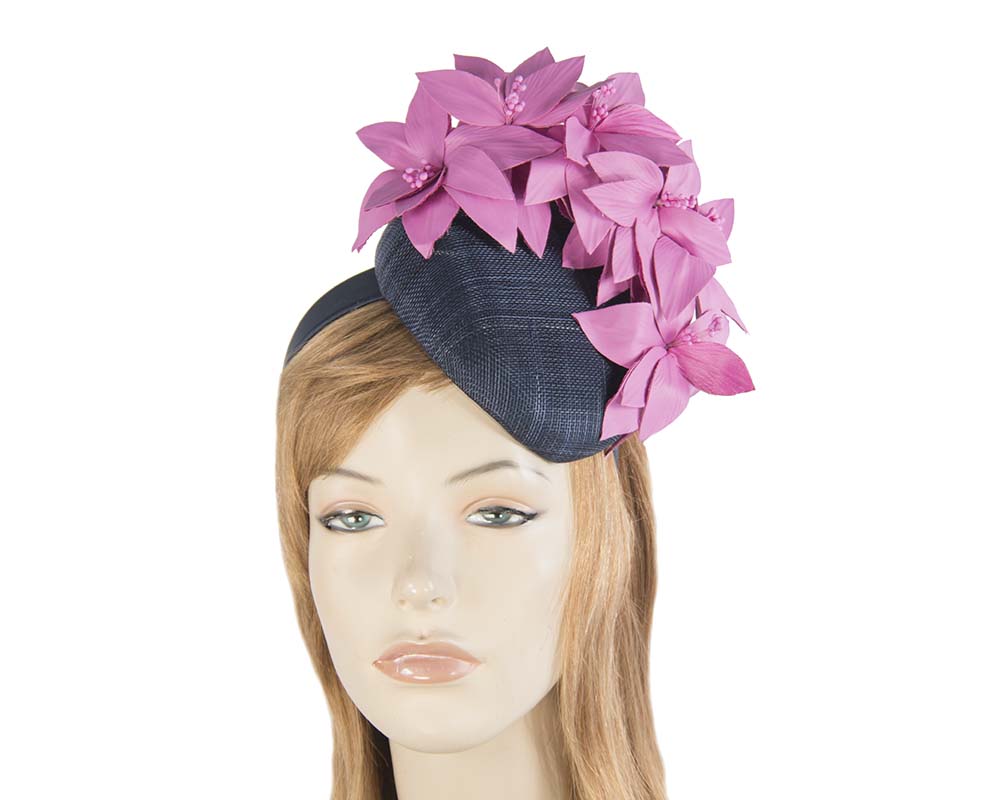 Cupids Millinery Women's Hat Navy & fuchsia pillbox with leather flowers by Fillies Collection