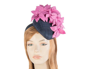 Cupids Millinery Women's Hat Navy & fuchsia pillbox with leather flowers by Fillies Collection