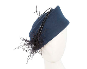 Cupids Millinery Women's Hat Navy Large navy winter felt pillbox hat for races F572N