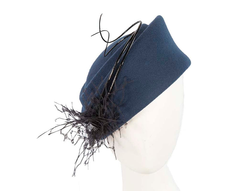 Cupids Millinery Women's Hat Navy Large navy winter felt pillbox hat for races F572N