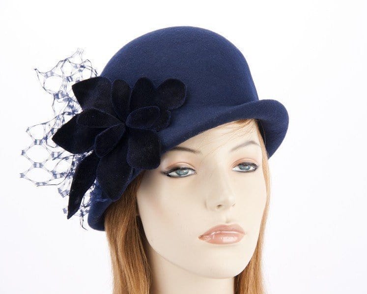 Cupids Millinery Women's Hat Navy Navy felt bucket hat with flower F589N