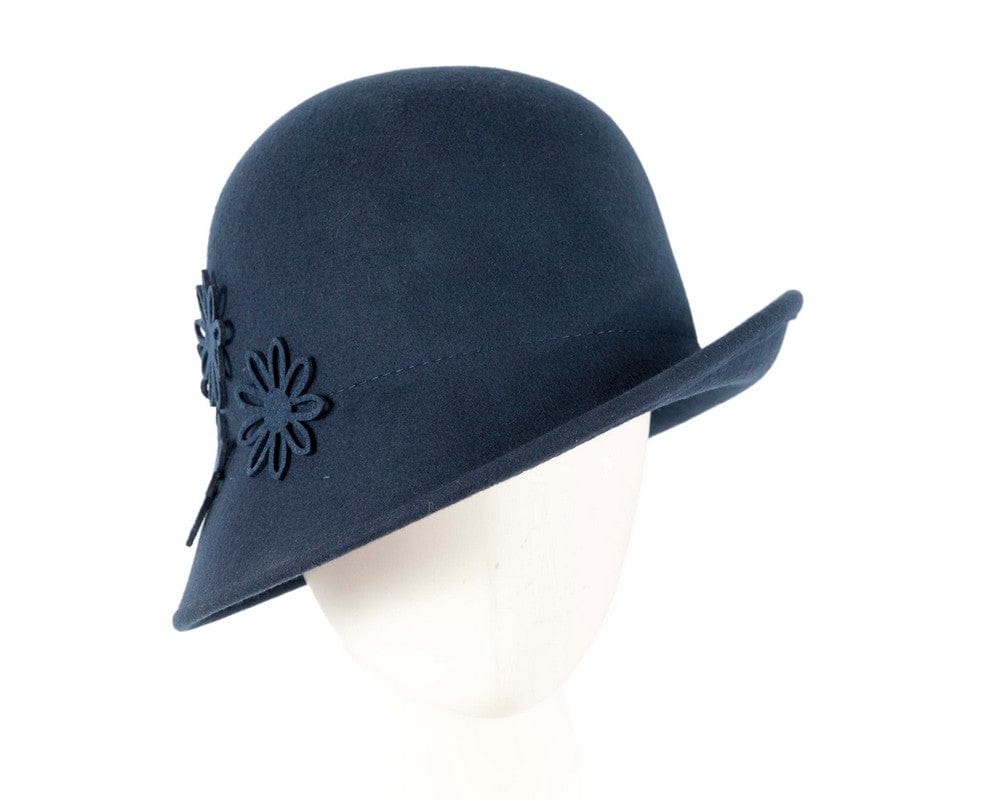 Cupids Millinery Women's Hat Navy Navy felt cloche hat with flowers by Max Alexander