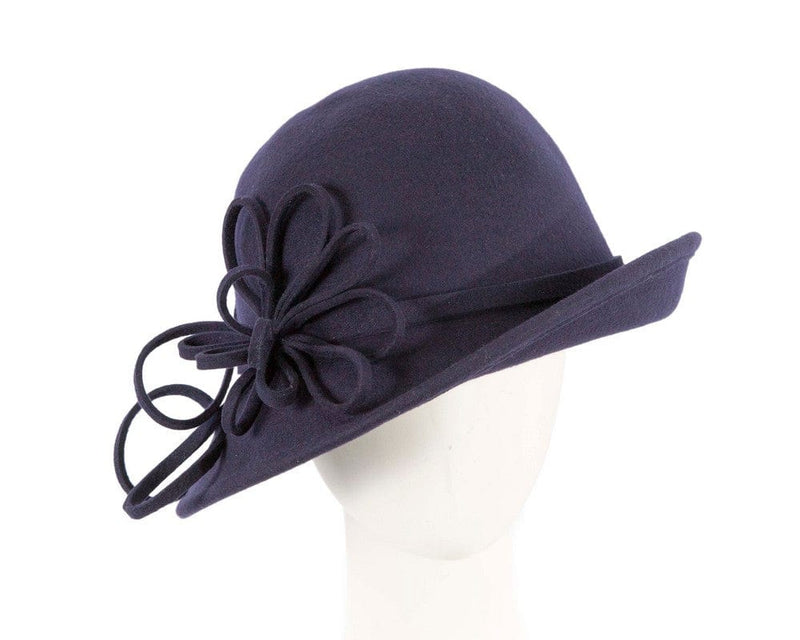 Cupids Millinery Women's Hat Navy Navy felt winter hat with flower by Max Alexander