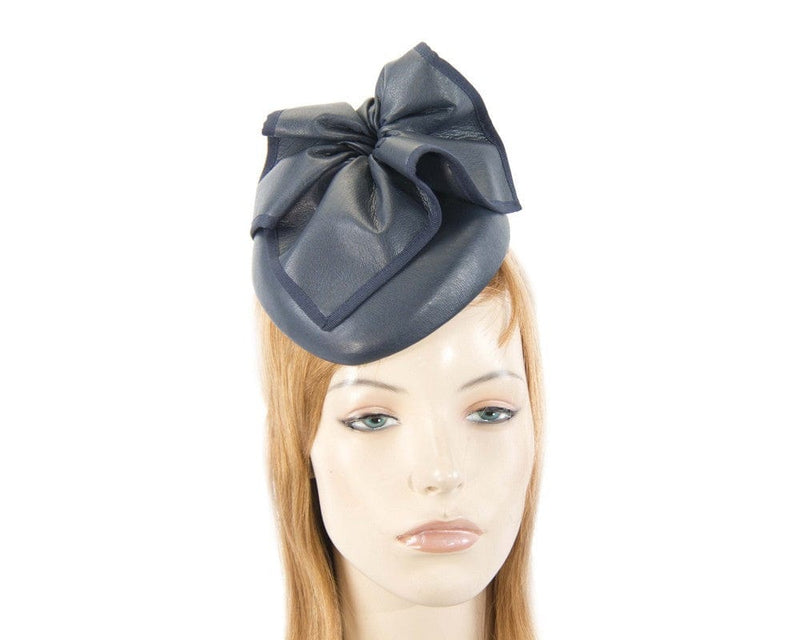 Cupids Millinery Women's Hat Navy Navy leather racing pillbox fascinator