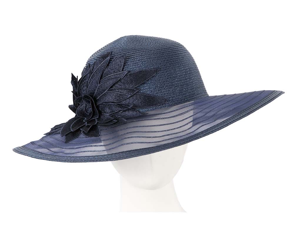 Cupids Millinery Women's Hat Navy Navy wide brim hat with lace flower by Cupids Millinery