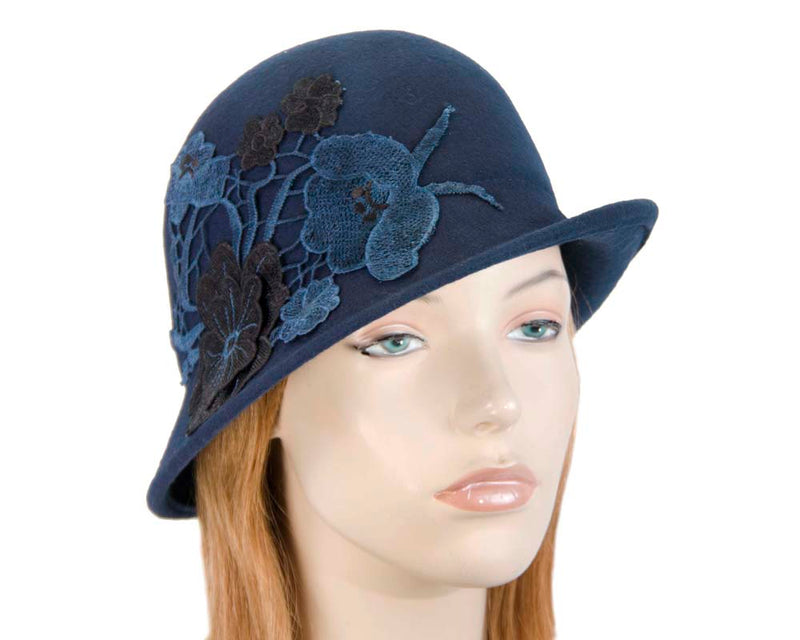 Cupids Millinery Women's Hat Navy Navy winter bucket hat with lace