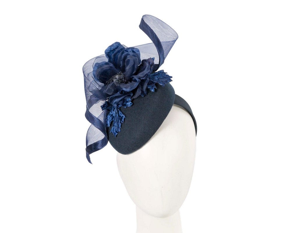 Cupids Millinery Women's Hat Navy Navy winter pillbox fascinator with flower