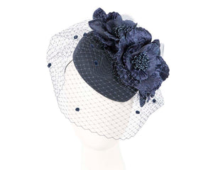 Cupids Millinery Women's Hat Navy Navy winter racing felt pillbox with flower and veiling by Fillies Collection