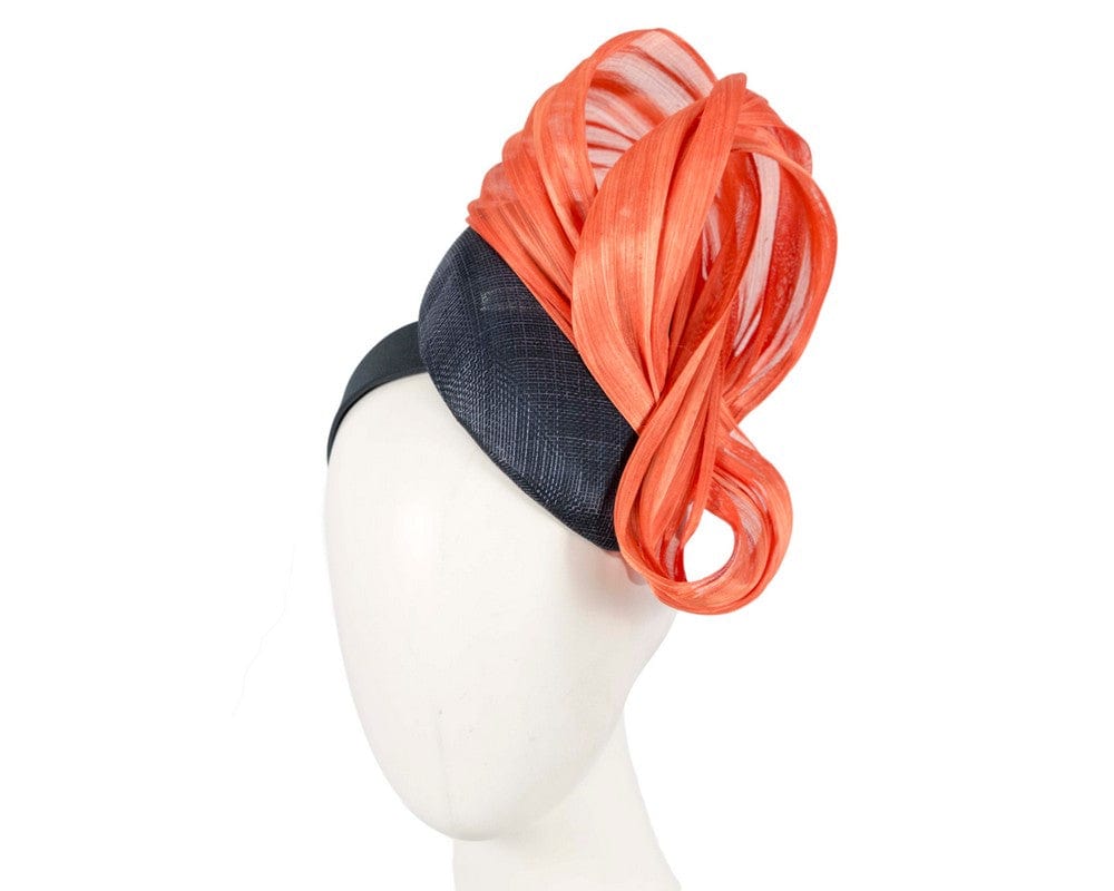 Cupids Millinery Women's Hat Navy/Orange Navy pillbox fascinator with orange silk abaca bow by Fillies Collection