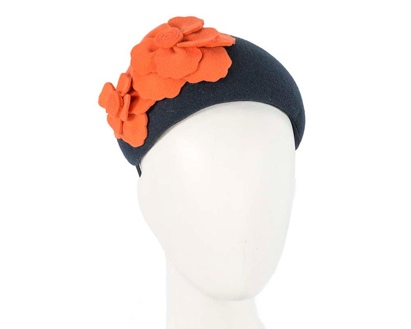 Cupids Millinery Women's Hat Navy/Orange Wide navy & orange winter headband with flowers by Max Alexander