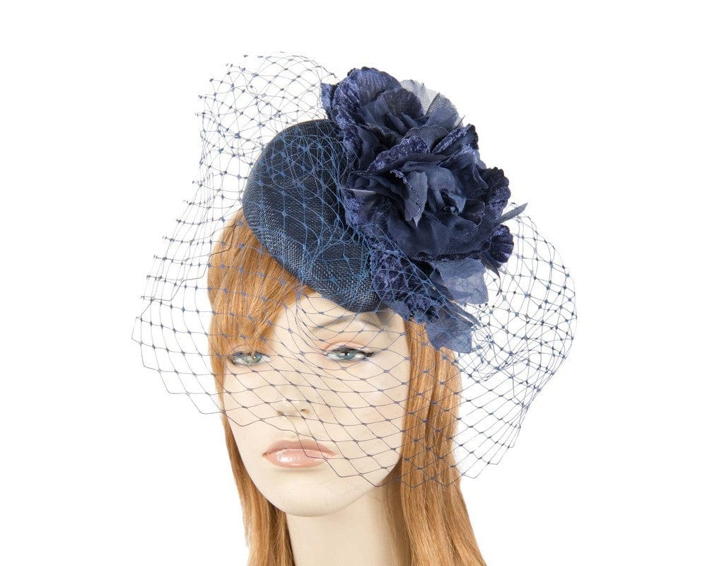 Cupids Millinery Women's Hat Navy pillbox with flower & veil by Fillies Collection