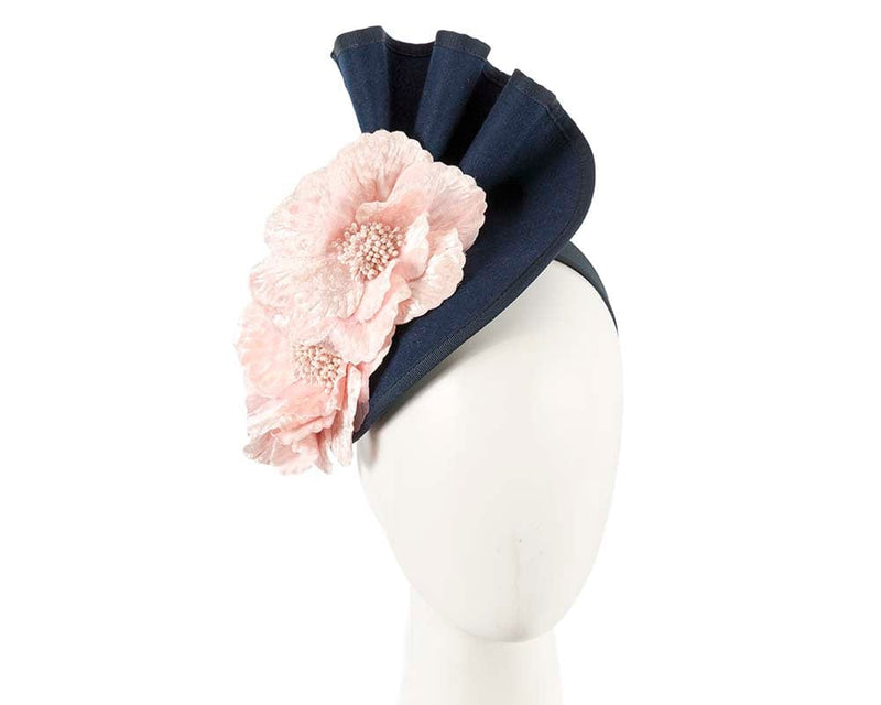 Cupids Millinery Women's Hat Navy/Pink Large navy felt winter fascinator with pink flower by Fillies Collection