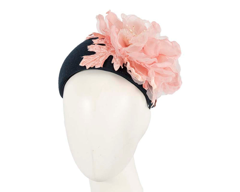 Cupids Millinery Women's Hat Navy/Pink Wide navy headband with pink silk flower