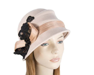 Cupids Millinery Women's Hat Nude Beige cloche hat with lace trim