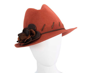 Cupids Millinery Women's Hat Orange Exclusive rabbit fur fedora hat with leather flower