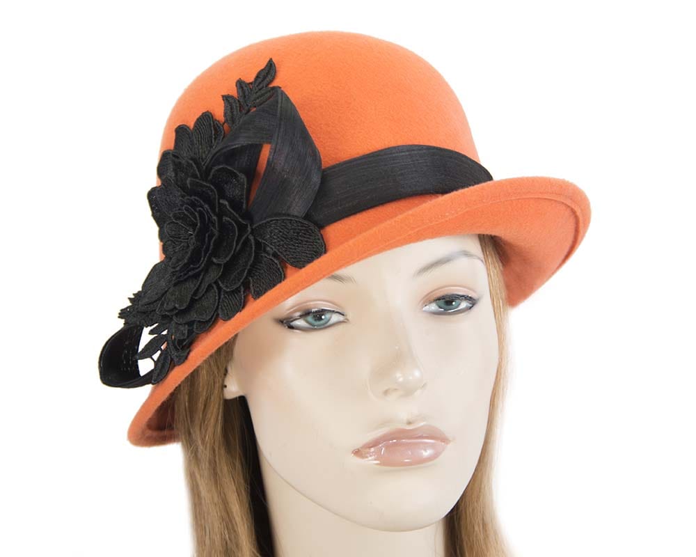 Cupids Millinery Women's Hat Orange Orange felt cloche hat with lace by Fillies Collection