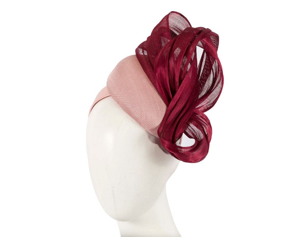 Cupids Millinery Women's Hat Pink/Burgundy Pink pillbox fascinator with burgundy silk abaca bow by Fillies Collection